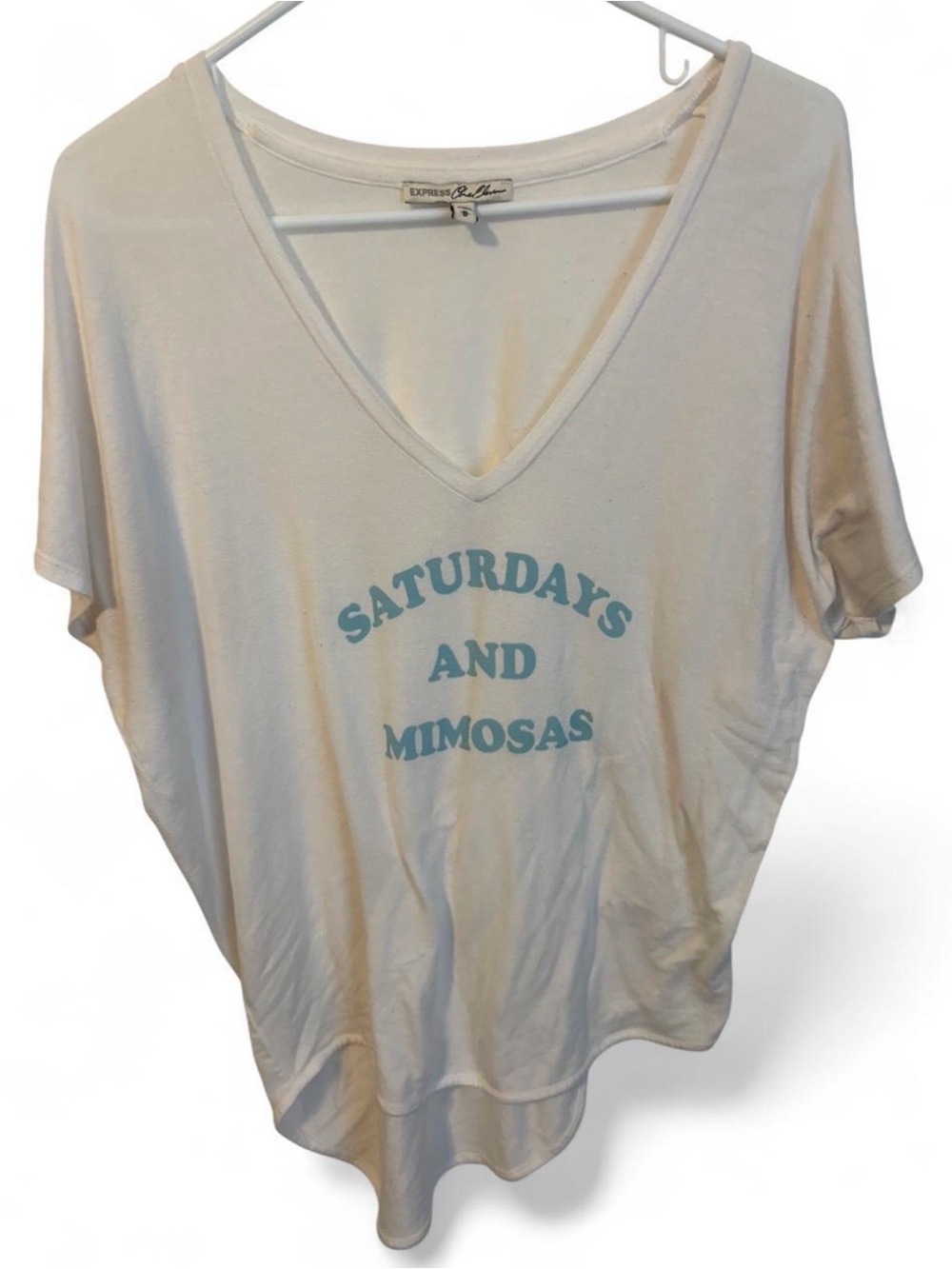 Express White V-Neck Tee with Light Blue 'Saturdays and Mimosas' Print